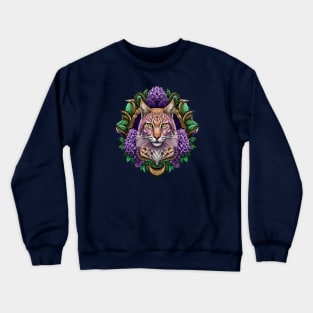 Bobcat Surrounded By Purple Lilac Blossom New Hampshire State Tattoo Art Crewneck Sweatshirt